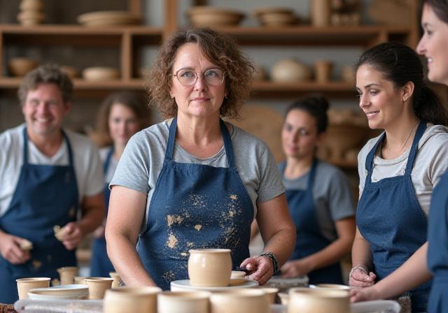Pottery class students working with clay