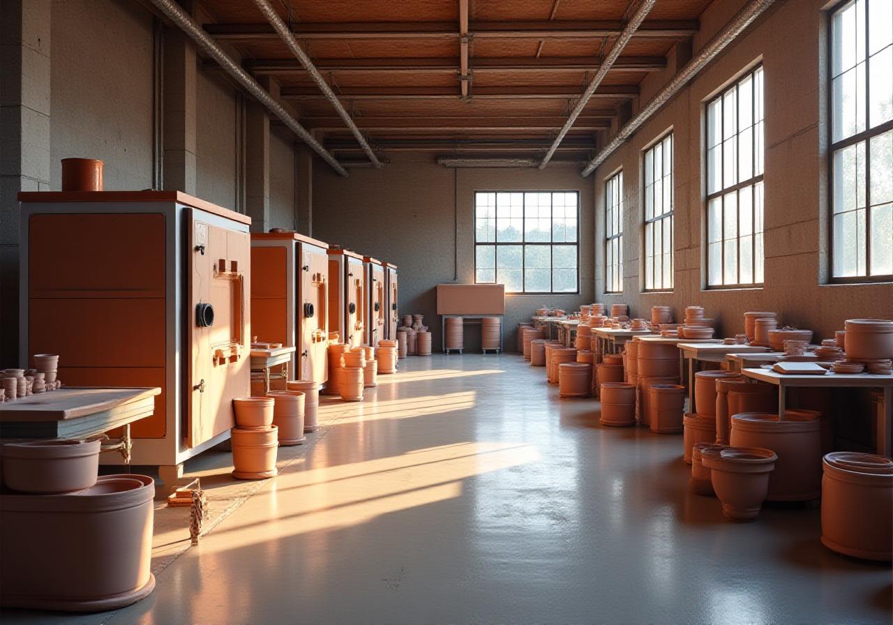 Artisanal ceramic studio with kilns and pottery wheels